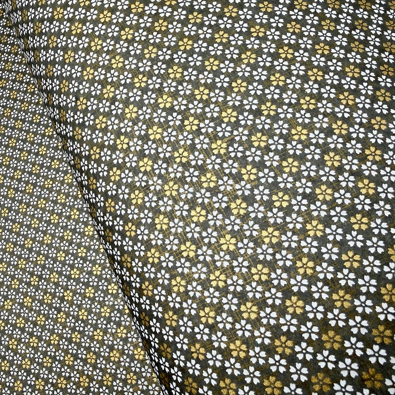 Japanese Yuzen Washi Paper - Small floral - White, Gold, Grey -  Y1405