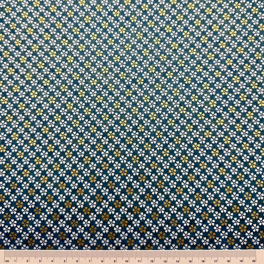 Japanese Yuzen Washi Paper - Small floral - White, Gold, Blue -  Y1407