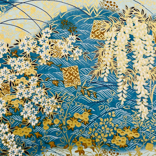 Japanese Yuzen Washi Paper - Whistetia & Cherry blossoms - Blue - Y1408