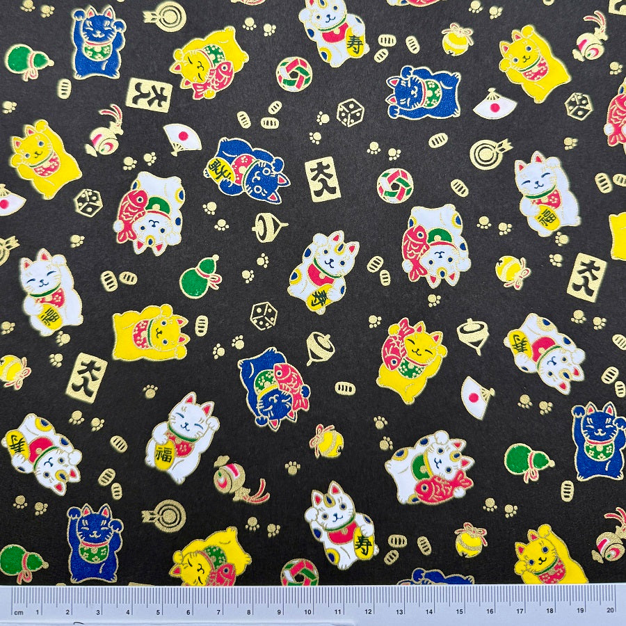 Japanese Yuzen Washi Paper - Maneki Neko Cat - Black - Y1412
