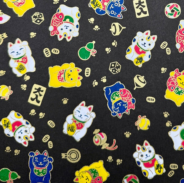 Japanese Yuzen Washi Paper - Maneki Neko Cat - Black - Y1412