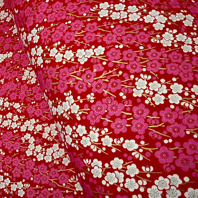 Japanese Yuzen Washi Paper - Plum blossoms - Pink, White & Red - Y1414