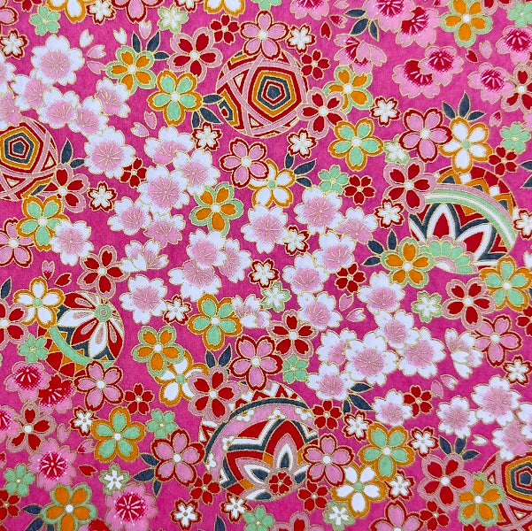 Japanese Yuzen Washi Paper - Flowers ＆ Temari - Pink - Y1415