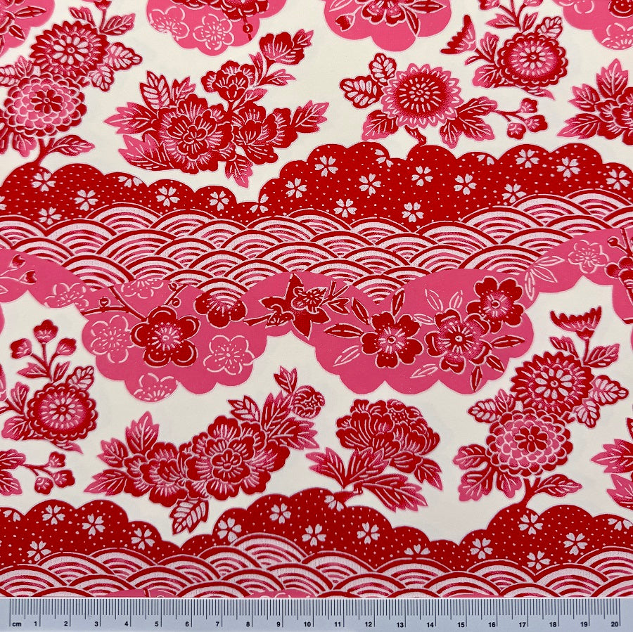 Japanese Yuzen Washi Paper - Flowers with Seigaiha - Red, Pink, Cream - Y1420