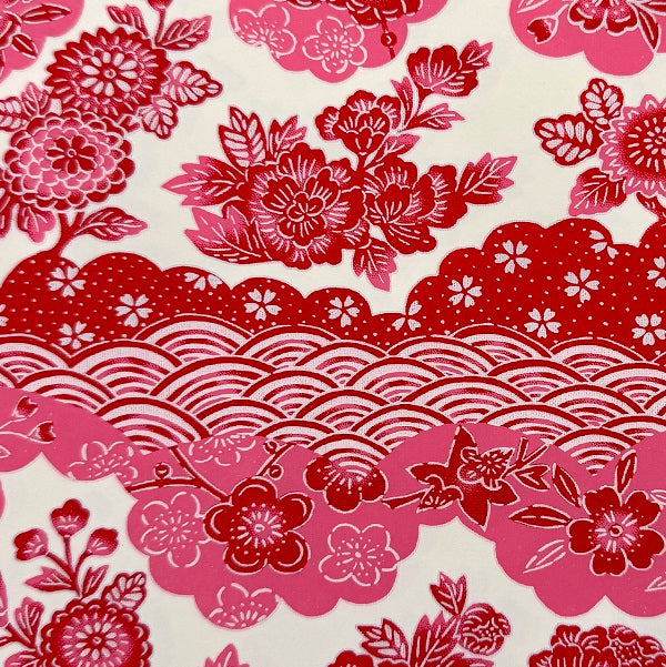 Japanese Yuzen Washi Paper - Flowers with Seigaiha - Red, Pink, Cream - Y1420