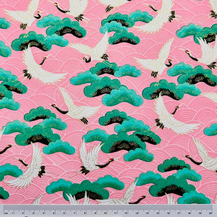 Japanese Yuzen Washi Paper - Cranes & Pine tree - Pink - Y1422