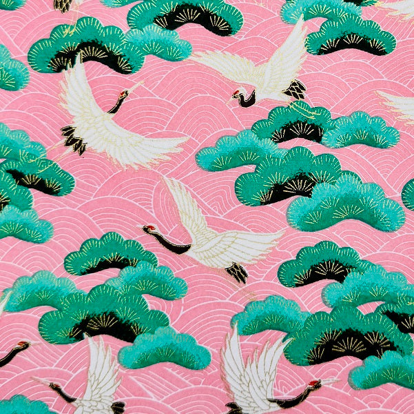 Japanese Yuzen Washi Paper - Cranes & Pine tree - Pink - Y1422