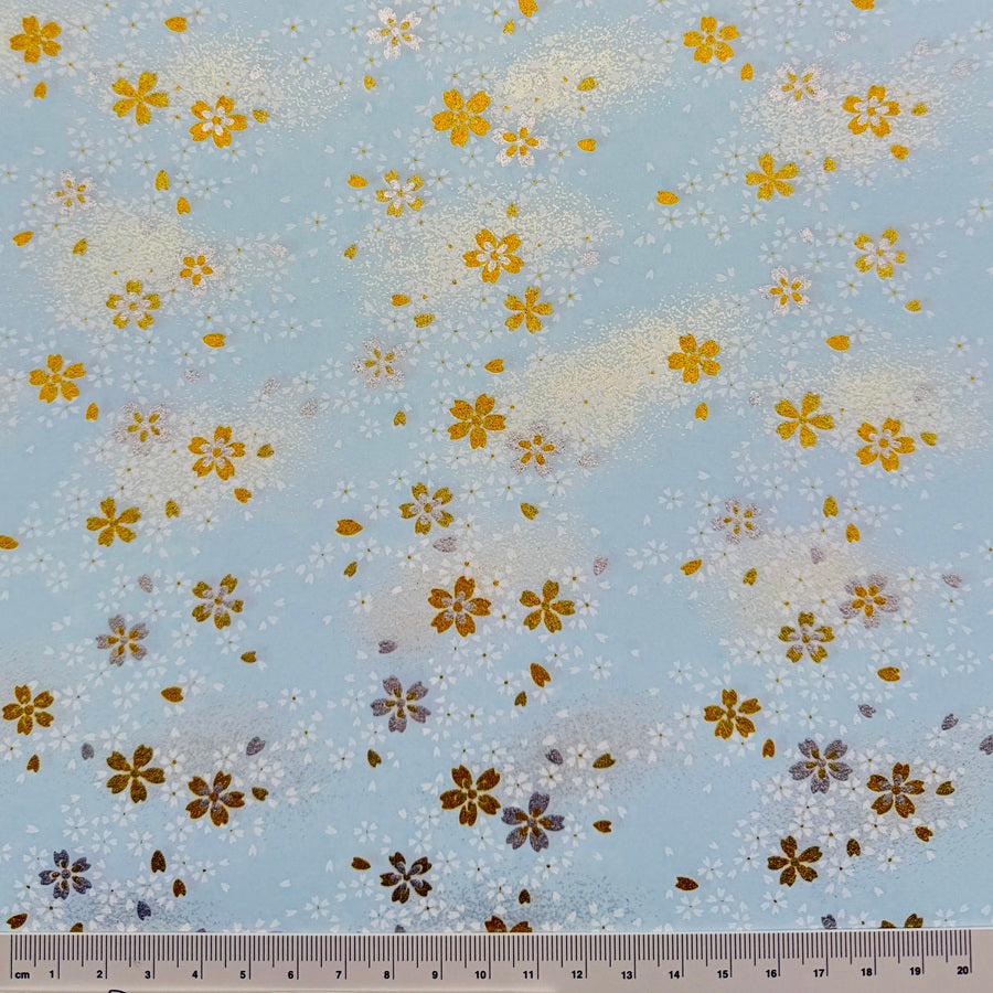 Japanese Yuzen Washi Paper - Gold & Silver Cherry blossoms - Light Blue - Y1423