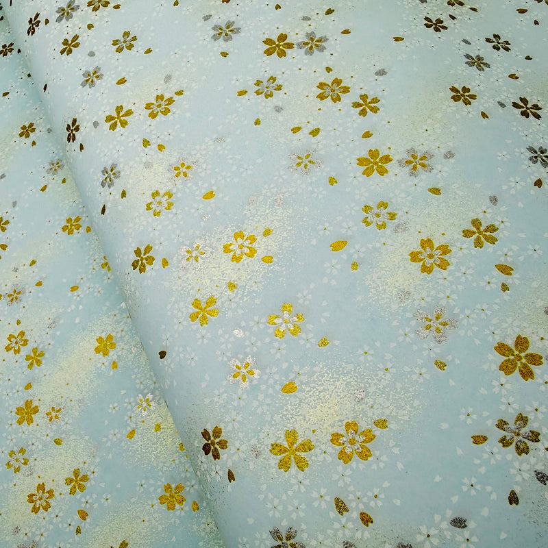 Japanese Yuzen Washi Paper - Gold & Silver Cherry blossoms - Light Blue - Y1423