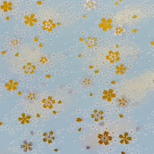 Japanese Yuzen Washi Paper - Gold & Silver Cherry blossoms - Light Blue - Y1423
