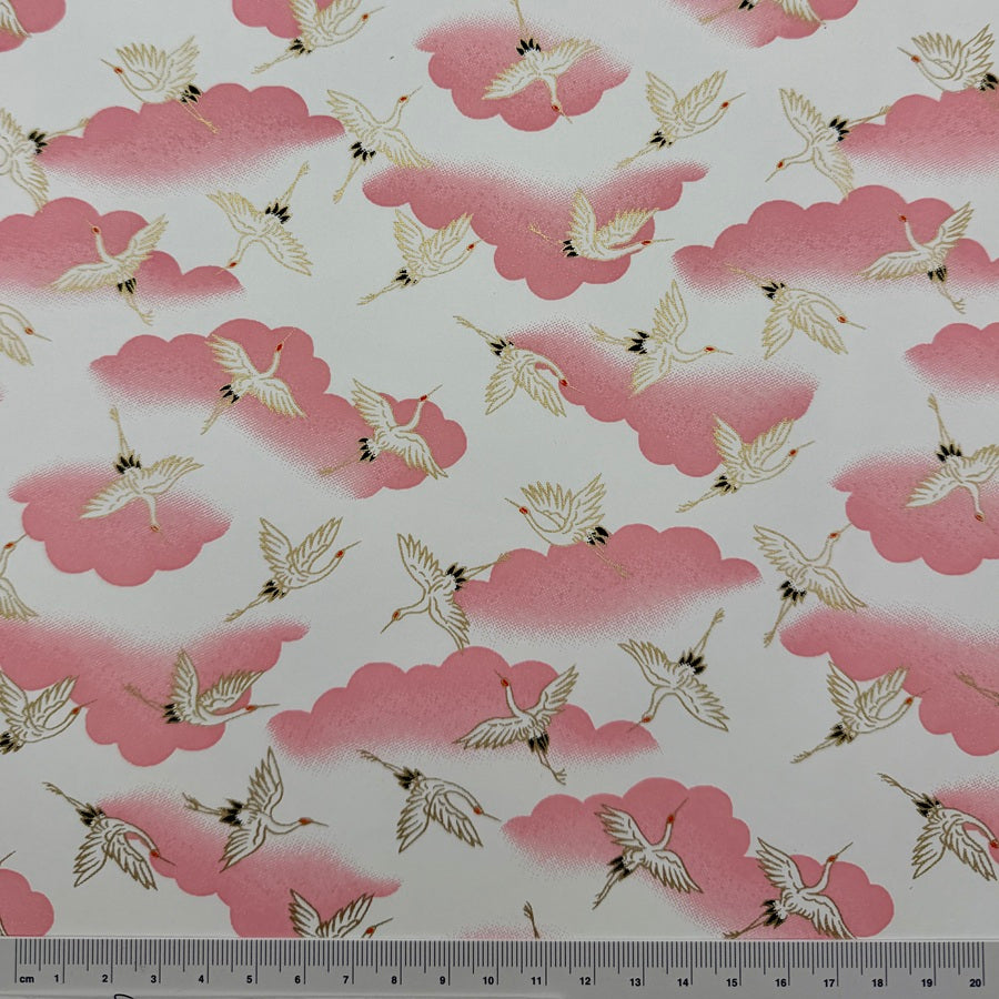 Japanese Yuzen Washi Paper - Cranes with Pink Cluds - White - Y1426