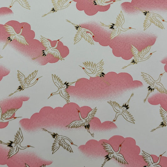 Japanese Yuzen Washi Paper - Cranes with Pink Cluds - White - Y1426