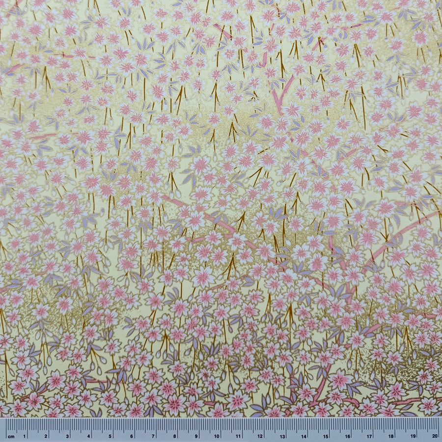 Japanese Yuzen Washi Paper - Weeping Cherry blossoms - Cream, Pink - Y1427