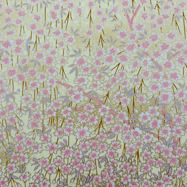 Japanese Yuzen Washi Paper - Weeping Cherry blossoms - Cream, Pink - Y1427