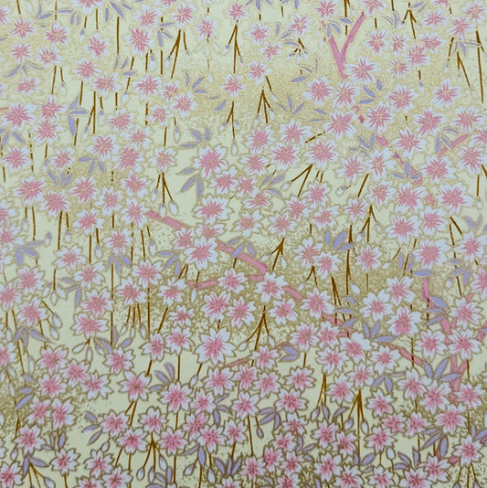 Japanese Yuzen Washi Paper - Weeping Cherry blossoms - Cream, Pink - Y1427