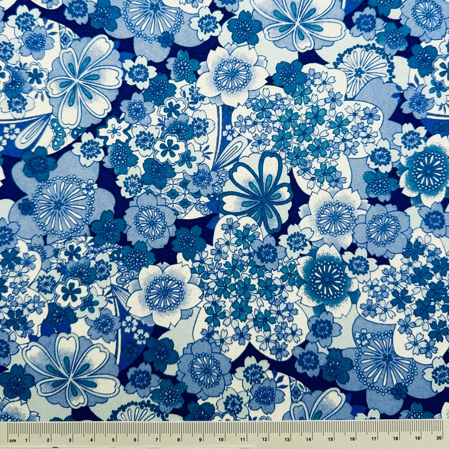 Japanese Yuzen Washi Paper - Flowers in Blue Indigo - Y1431