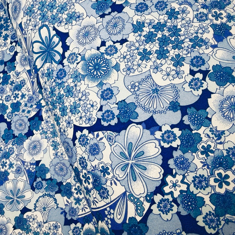 Japanese Yuzen Washi Paper - Flowers in Blue Indigo - Y1431