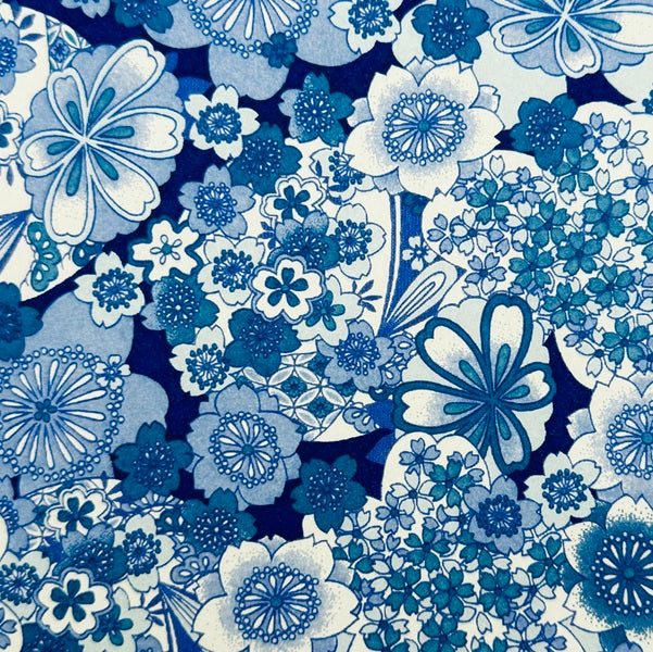 Japanese Yuzen Washi Paper - Flowers in Blue Indigo - Y1431