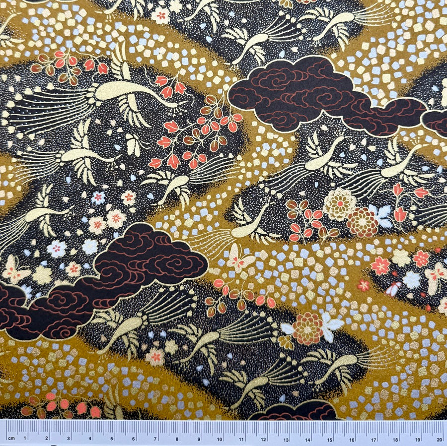 Japanese Yuzen Washi Paper - Phoenix - Black, Mustard - Y1432