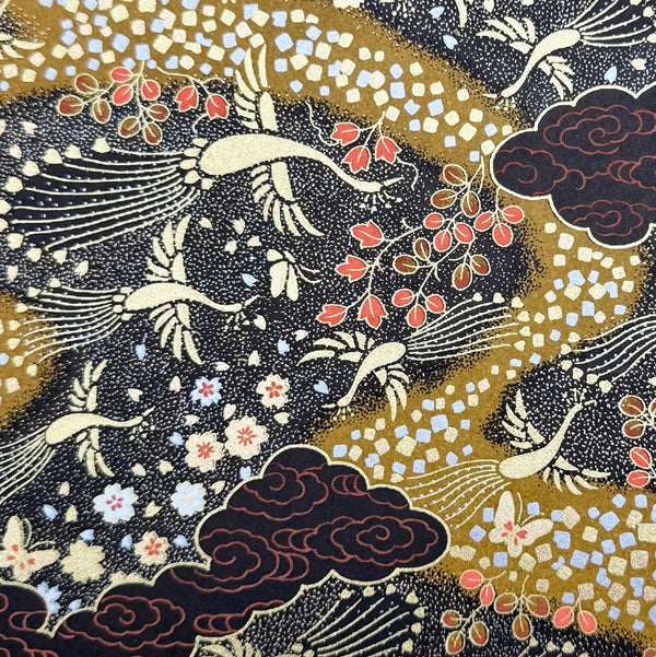 Japanese Yuzen Washi Paper - Phoenix - Black, Mustard - Y1432