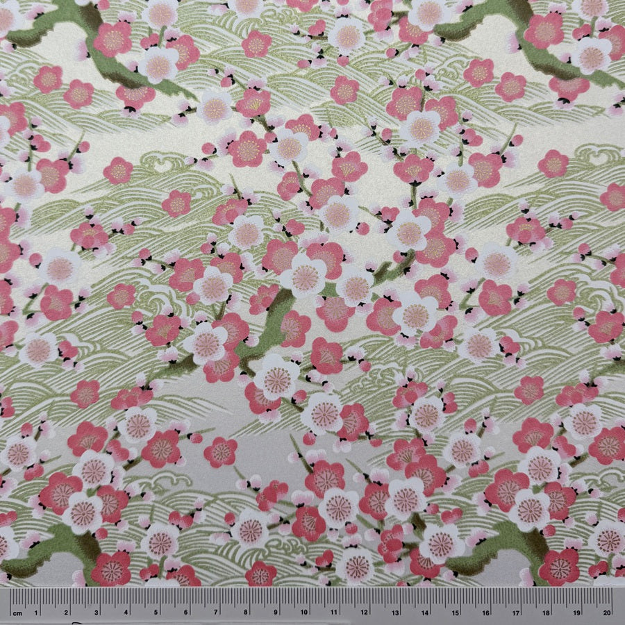 Japanese Yuzen Washi Paper - Plum blossoms - Pink, Pearl White - Y1433