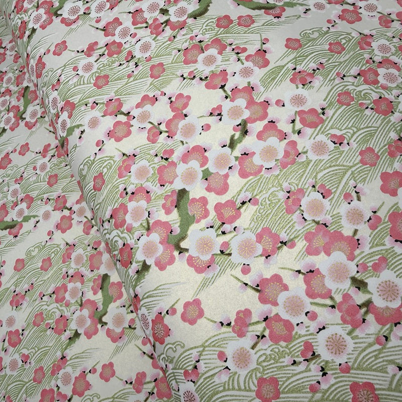 Japanese Yuzen Washi Paper - Plum blossoms - Pink, Pearl White - Y1433