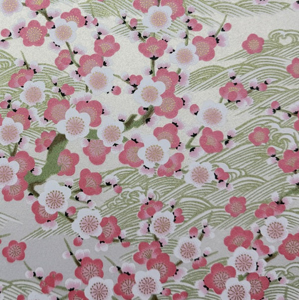 Japanese Yuzen Washi Paper - Plum blossoms - Pink, Pearl White - Y1433