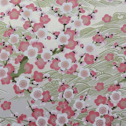 Japanese Yuzen Washi Paper - Plum blossoms - Pink, Pearl White - Y1433