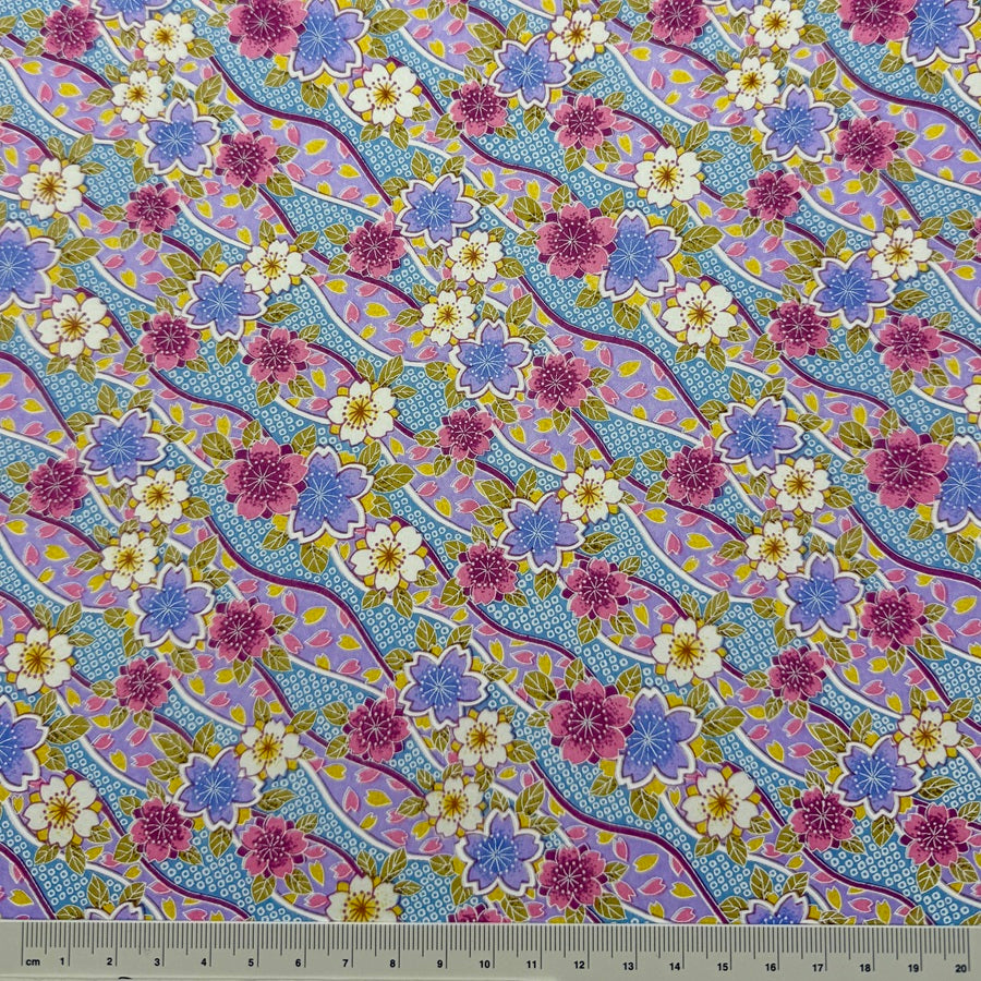 Japanese Yuzen Washi Paper - Pastel Cherry Blossoms - Pink, Purple, Light Blue - Y1437