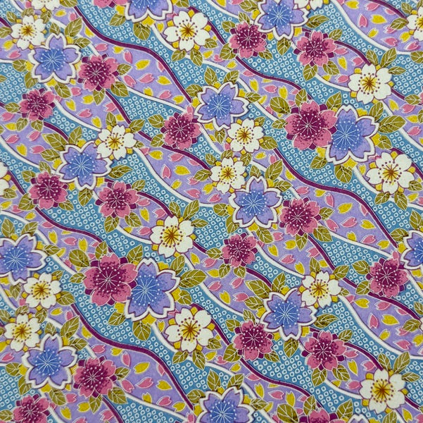 Japanese Yuzen Washi Paper - Pastel Cherry Blossoms - Pink, Purple, Light Blue - Y1437