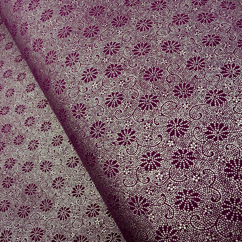 Japanese Yuzen Washi Paper - Chrysanthemums, Arabesque, Dots - Silver, Purple - Y1438