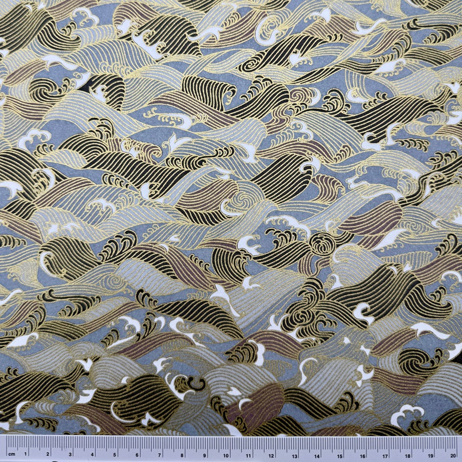 Japanese Yuzen Washi Paper - Waves - Grey, Brown - Y1439
