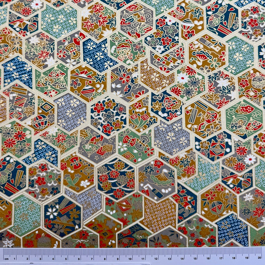 Japanese Yuzen Washi Paper - Japanese Traditional Motifs in Hexagon - Blue, Green, Mustard, ,Grey - Y1441