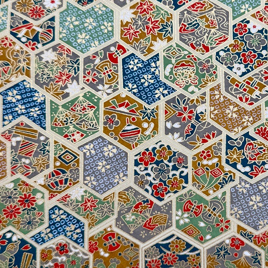 Japanese Yuzen Washi Paper - Japanese Traditional Motifs in Hexagon - Blue, Green, Mustard, ,Grey - Y1441