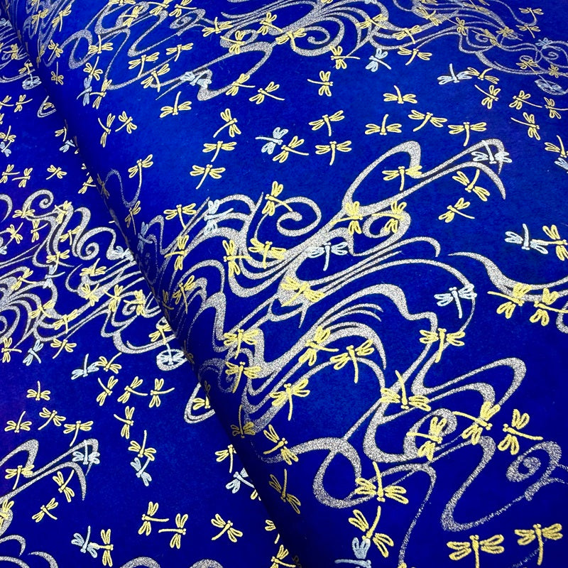 Japanese Yuzen Washi Paper -　Golden Dragonfly, Silver Stream- Royal Blue - Y1443