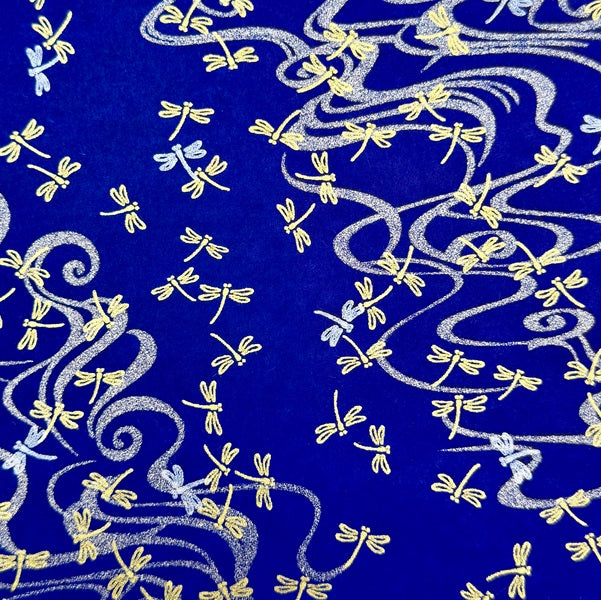 Japanese Yuzen Washi Paper -　Golden Dragonfly, Silver Stream- Royal Blue - Y1443