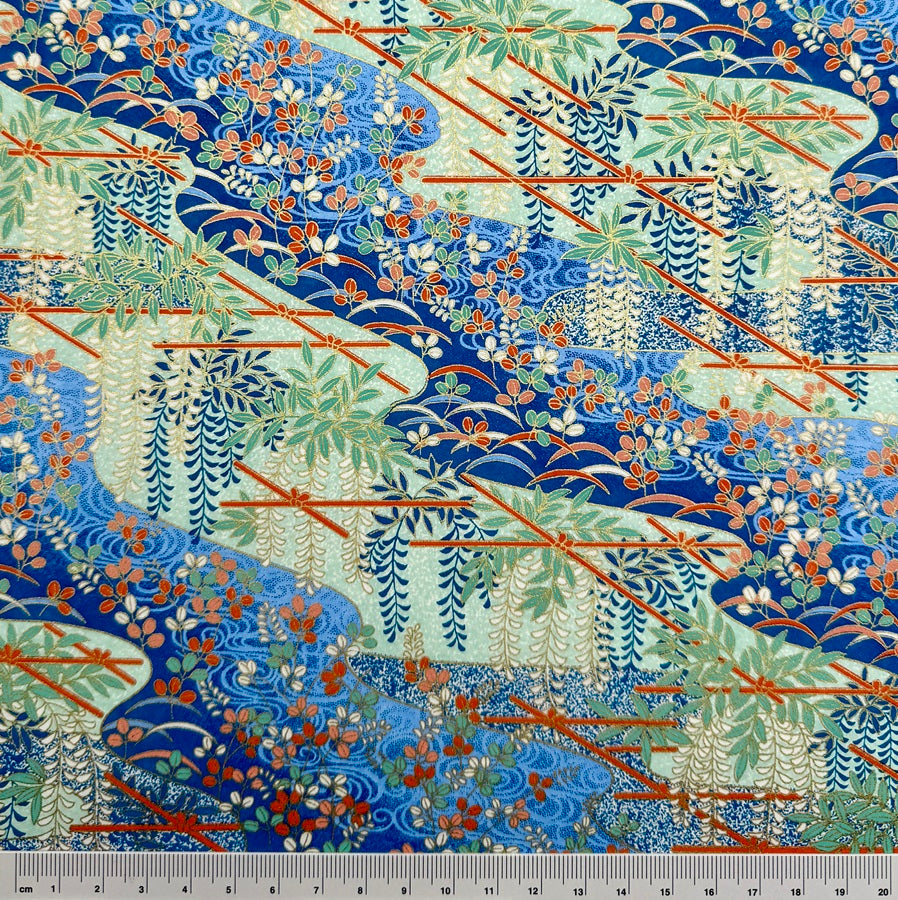 Japanese Yuzen Washi Paper - Wisteria Trellis and Hagi - Blue - Y1445