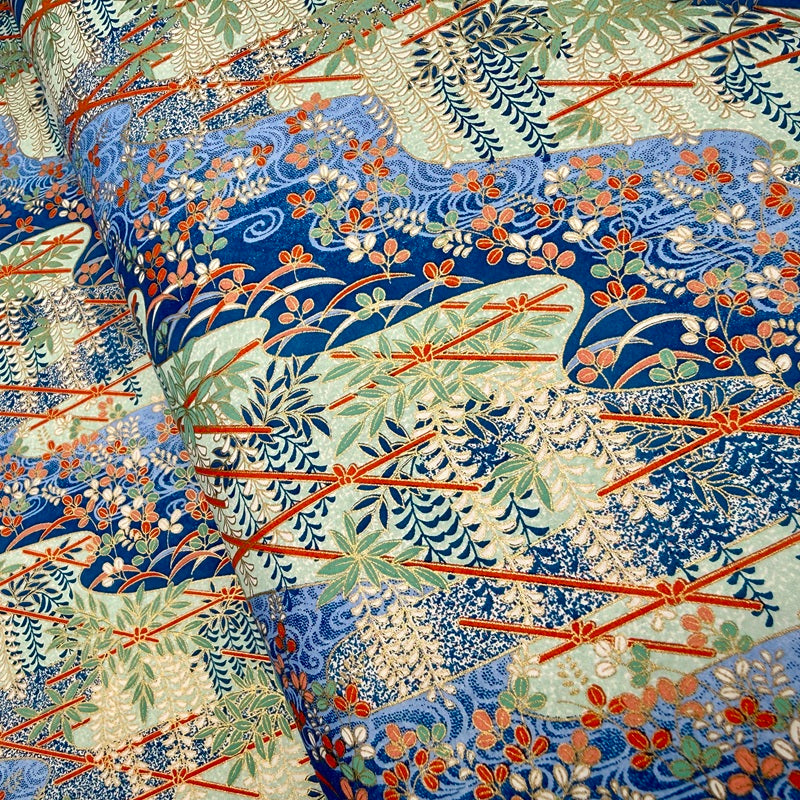 Japanese Yuzen Washi Paper - Wisteria Trellis and Hagi - Blue - Y1445