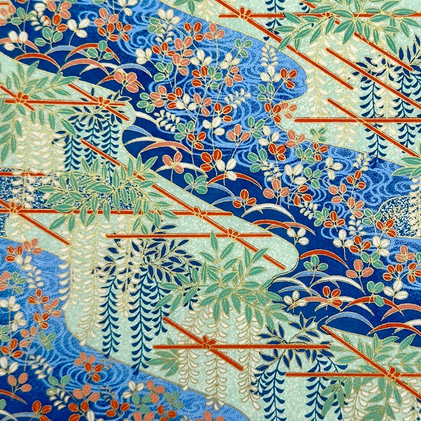 Japanese Yuzen Washi Paper - Wisteria Trellis and Hagi - Blue - Y1445