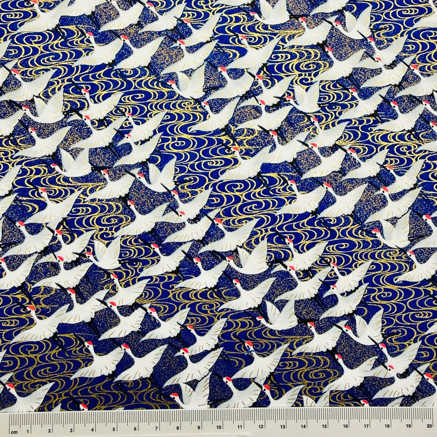 Japanese Yuzen Washi Paper - Cranes with Golden Stream - Blue - Y1448