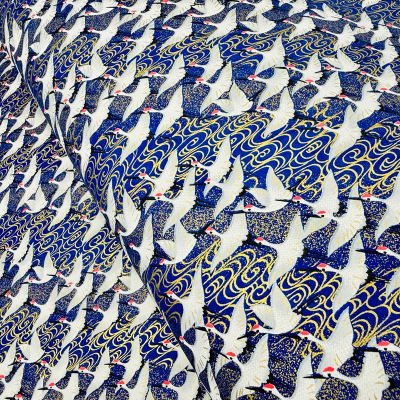 Japanese Yuzen Washi Paper - Cranes with Golden Stream - Blue - Y1448