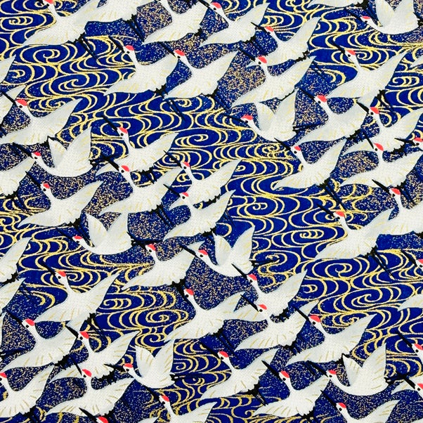 Japanese Yuzen Washi Paper - Cranes with Golden Stream - Blue - Y1448