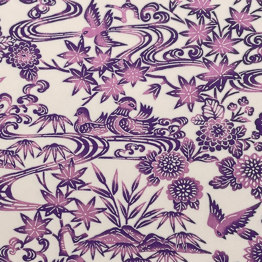 Japanese Yuzen Washi Paper - Flowers and Birds - Cream, Purple - Y1454