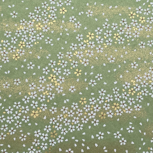 Japanese Yuzen Washi Paper - Cherry Blossom Shower - Moss Green - Y1455