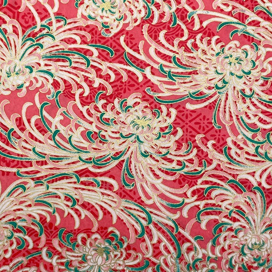Japanese Yuzen Washi Paper - Chrysanthemum - Red, Green - Y1457