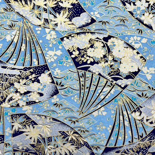 Japanese Yuzen Washi Paper - Folding Fan with Flowers - Blue - Y1458