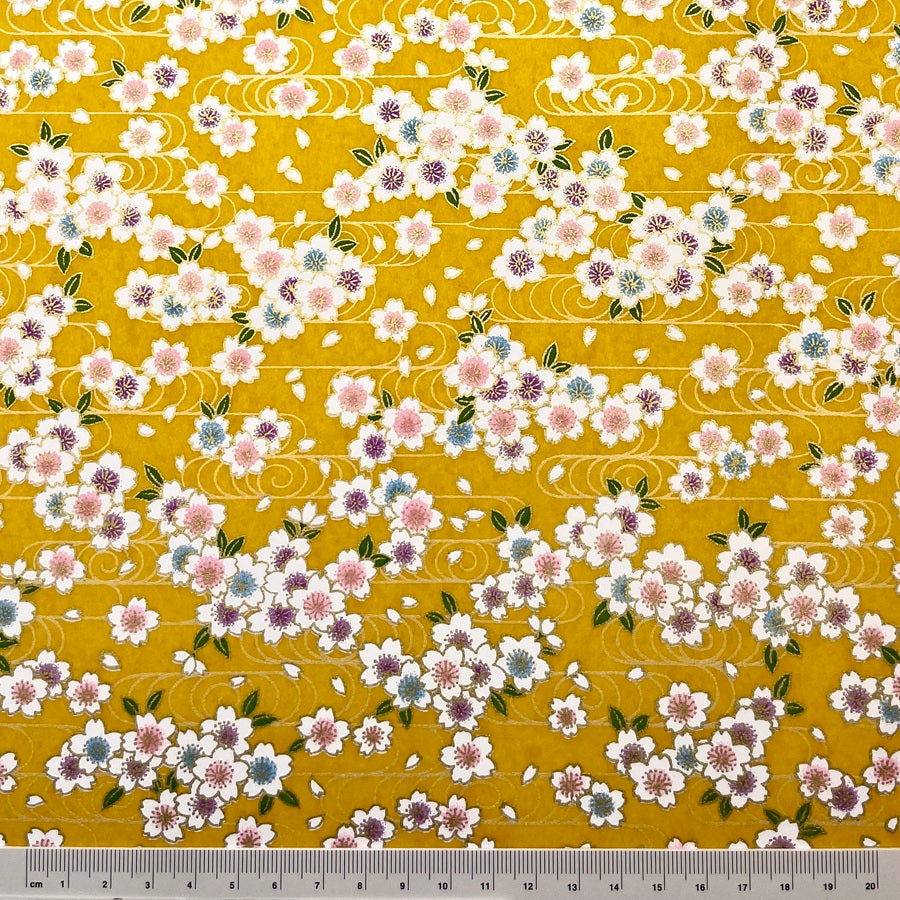 Japanese Yuzen Washi Paper -Cherry Blossoms & Flowing Water - Mustard Yellow - Y1463