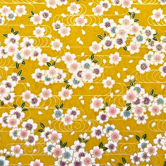 Japanese Yuzen Washi Paper -Cherry Blossoms & Flowing Water - Mustard Yellow - Y1463