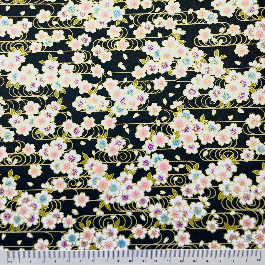 Japanese Yuzen Washi Paper -Cherry Blossoms & Flowing Water - Black - Y1464