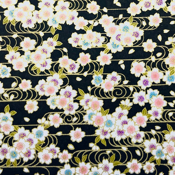 Japanese Yuzen Washi Paper -Cherry Blossoms & Flowing Water - Black - Y1464